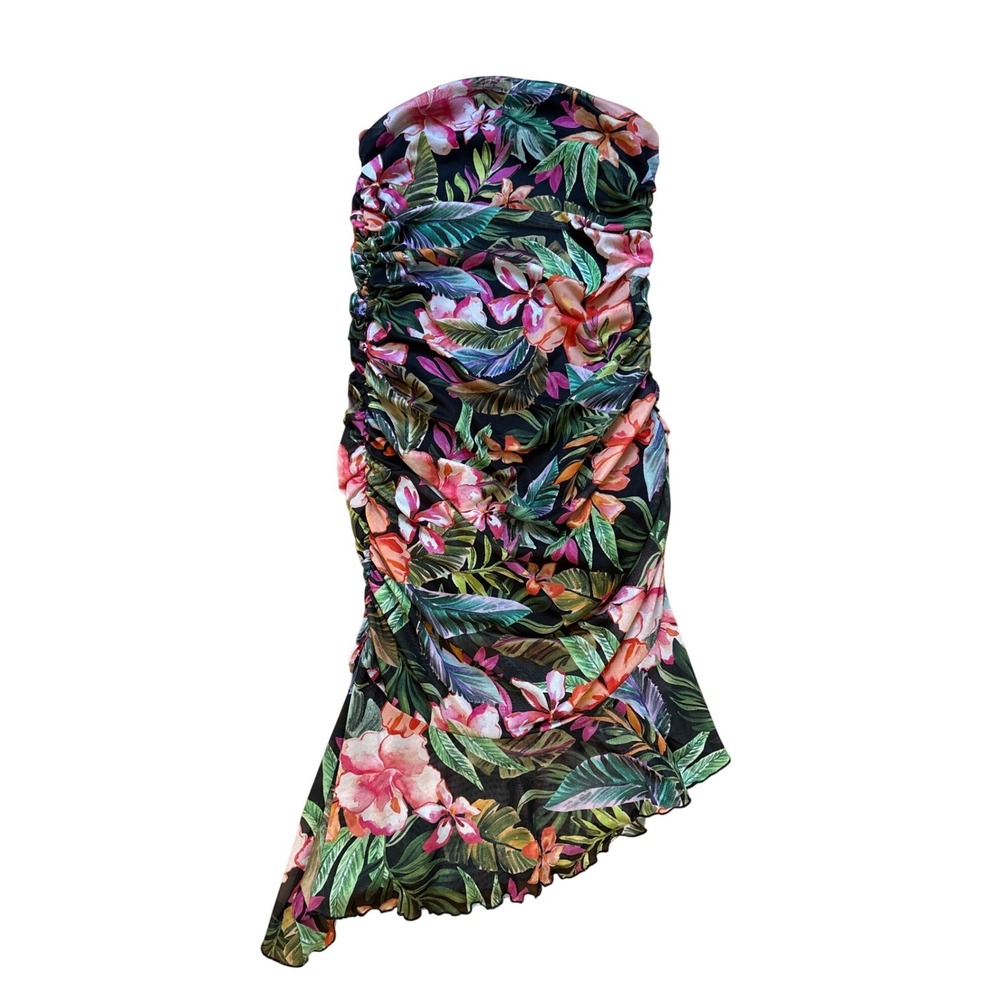 No Comment Tube Dress Womens Black Floral Excellent Ruched Mesh SIZE XL